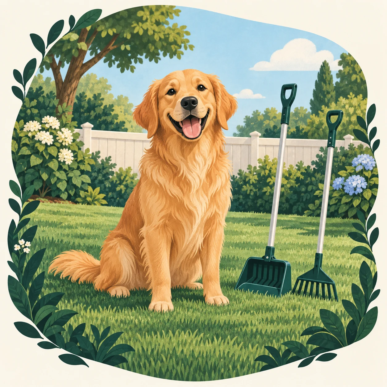 A happy golden dog enjoying a green yard beside a scoop and rake